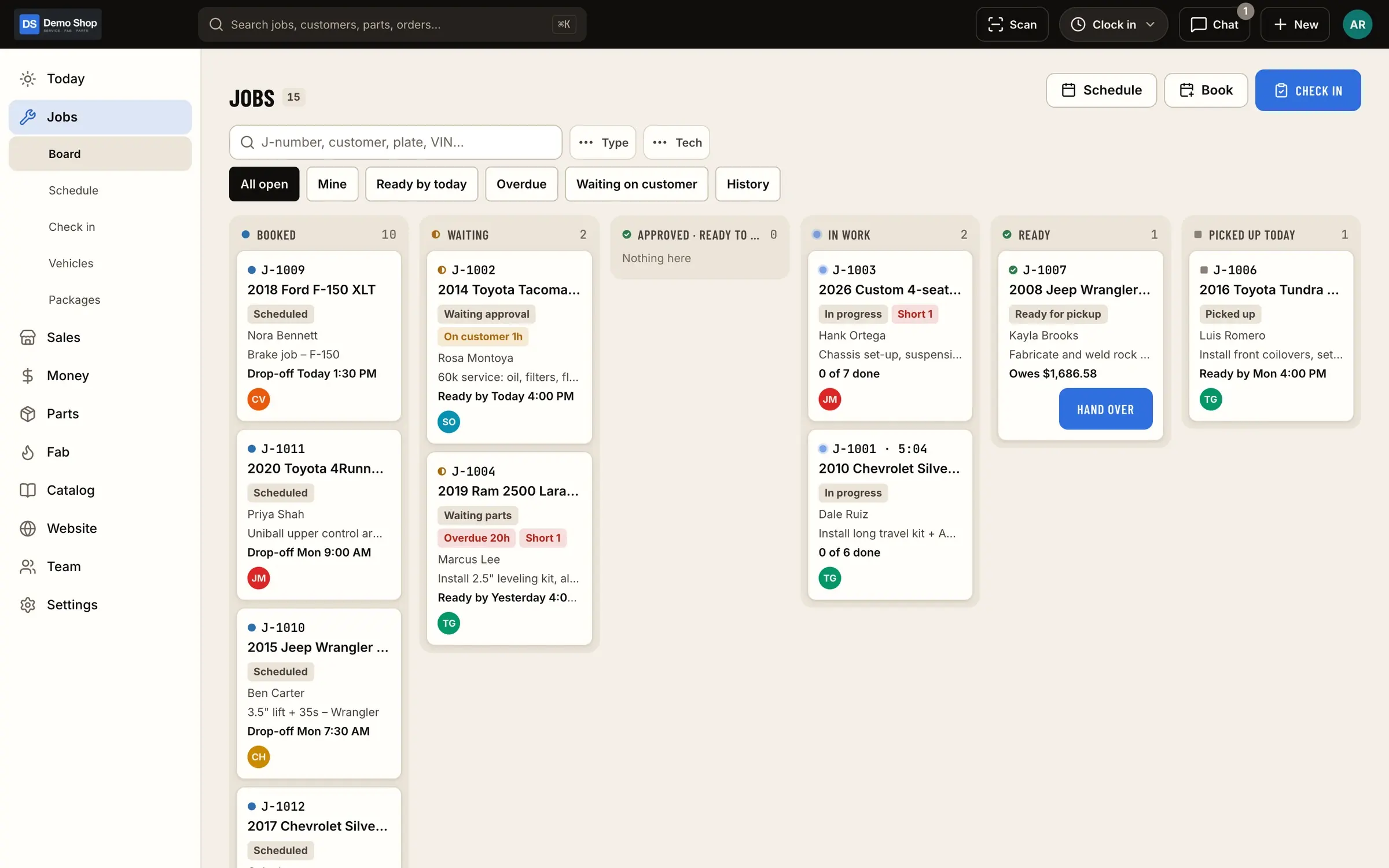 Jobs board: Every job by status — booked, waiting, approved, in work, ready — with techs, promises and parts holds.